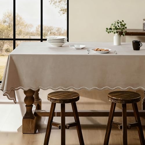 Rectangle Outdoor Tablecloth Linen Textured Waterproof & Stain Resistant Table Cloth Decorative Scalloped Cutouts Boho Farmhouse Table Cover for Dining, Buffet Parties and Camping, 52 x 70 Inch, Khaki - color: Khaki, size: 70" x 52" (Rectangular)