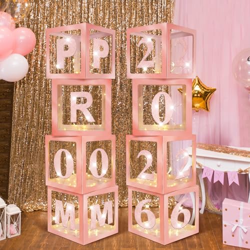 Suncalla 8 Pcs LED Light 2026 Prom Graduation Decorations 12" Prom Balloon Boxes Column Standup 2026 Graduation Lighting Boxes Backdrop Decor for Indoor Outdoor Party Supplies(Pink) - color: Pink
