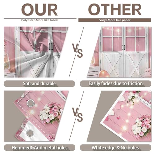 Fabric 7x5ft Valentine's Day Photography Backdrop Pink Rose Wood Door Flowers Love Heart Lights Background Wedding Bridal Mother’s Day Party Decorations Photo Props