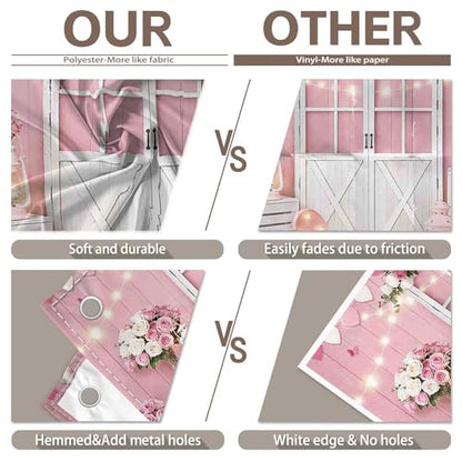 Fabric 7x5ft Valentine's Day Photography Backdrop Pink Rose Wood Door Flowers Love Heart Lights Background Wedding Bridal Mother’s Day Party Decorations Photo Props