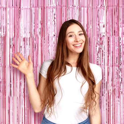 Voircoloria 3 Pack 3.3 x 8.2 ft Light Pink Foil Fringe Backdrop Curtains, Tinsel Streamers Birthday Party Decorations, Fringe Backdrop for Graduation, Baby Shower, Gender Reveal, Disco Party - color: 01 Light Pink