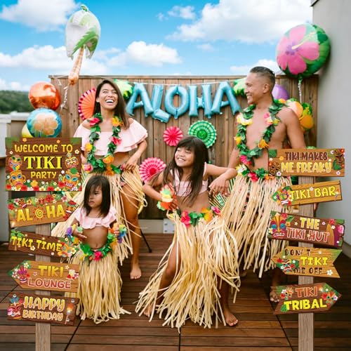 Hooqict 20 Pieces Hawaiian Luau Party Decorations Welcome to Tiki Party Directional Sign for Outdoor Summer Tropical Hawaiian Luau Tiki Birthday Party Decorations Supplies - style: Tiki