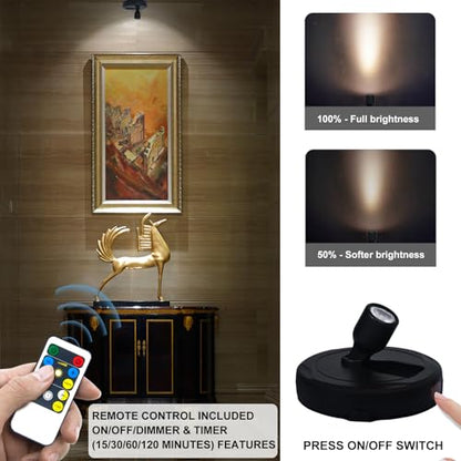 HAMVIDNE LED Spotlights, Battery Powered Picture Lights, Uplighting Indoor, Puck Light with Remote, Plant & Wall Art Display Dartboard Closet Spotlights, Black - color: Black, size: 2 Pack