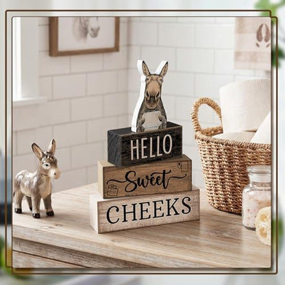 Moucuny 4 Pcs Donkey Bathroom Decor Set Farmhouse Bathroom Decor and Accessories Rustic Hello Sweet Cheeks Wooden Blocks Signs Funny Donkey Toilet Shelf Decoration for Home Office Half Bath - style: Donkey