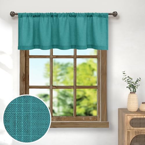 Teal Linen Window Valance for Kitchen 3 Inch Rod Pocket Semi Sheer Boho Farmhouse Light Filtering Dark Teal Blue Green Valance Curtain Topper for Bedroom Living Room Dining Bathroom 18 Inch Length - color: Teal