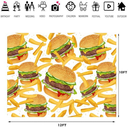 Hamburger French Fries Backdrop, 12x10ft, Fast Food Photograhy Background Birthday Party Supplies Burger Shop Decoration Banner Photo Booth Props - size: 12x10