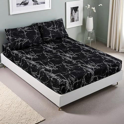 MAG 3pcs Black Marble Twin Bed Sheet, Super Soft Microfiber Marble Bedding Included 1 Fitted Sheet with 2 Pillowcases, 14 Inches Deep (Twin, Black) - color: Black-marble, size: Twin