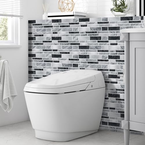 Heikki Peel-and-Stick Self-Adhesive Wall Tiles, 4.7×9.7-inch Kitchen & Bathroom Splashback Tiles, Marble Pattern Design (48-Piece Set) (Black-Gray) - color: Black-Gray