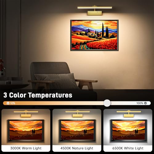 Racokky Picture Light, 15.35inch Picture Lights for Wall Rechargeable, Battery Wall Light Over Picture Frame, 3 Color Art Lighting for Paintings with Timer and Dimmable Artwork Display (Gold-2PCS) - color: Gold, size: 15.35inch-2pack