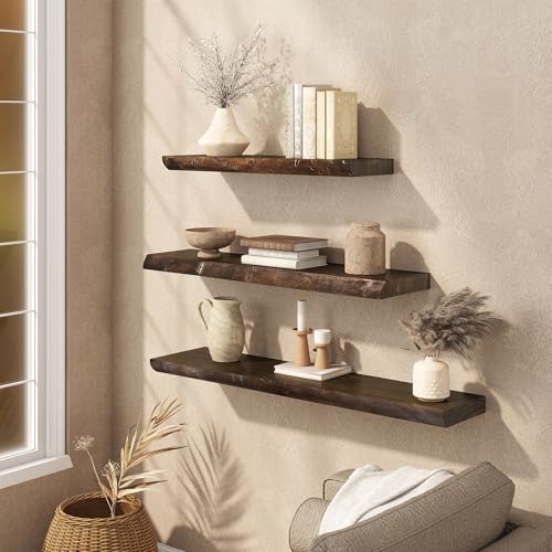 Floating Shelves Set of 2, Solid Elm Wood Wall Shelves 36 Inch - Invisible Bracket Mount for Living Room, Bedroom, Kitchen, Bathroom - Brown - color: Dark Brown, size: 36"L, 2-Pack