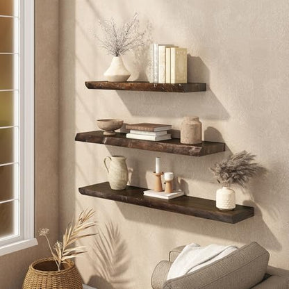 Floating Shelves Set of 2, Solid Elm Wood Wall Shelves 36 Inch - Invisible Bracket Mount for Living Room, Bedroom, Kitchen, Bathroom - Brown - color: Dark Brown, size: 36"L, 2-Pack