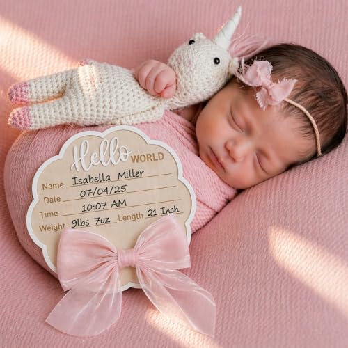 Flower-Shaped Newborn Announcement Sign for Baby Girl, Wooden Hello World Birth Stats Board with Pink Bow, Hospital Photo Prop, Baby Name Keepsake - color: Pink Bow