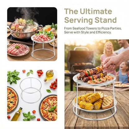 SHOWERORO Two Tier Seafood Plate Rack Stainless Steel Double Layer Pizza Holder Stand for Serving Platters Ideal for Bbq Hotpot and Kitchen Display