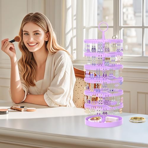 iDavosic.ly 6 Tier Rotating Earring Holder Organizer with Metal Tray, Adjustable Plastic Dangle Display Stands Tree with 342 Grooves, Large Hoop Storage Rack Tower, Purple - color: Lavender, size: 6 Tiers