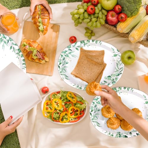 50Pcs Sage Green Oval Paper Plates 10" x 12" Large Disposable Heavy Duty Watercolor Eucalyptus Paper Platters Sage Floral Green Leaves Dessert Plates for Baby Shower Picnic Wedding Dinner Supplies - style: 50Pcs Spring Eucalyptus Oval Plates