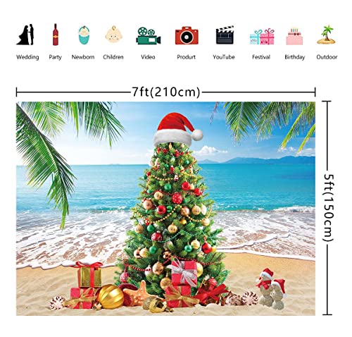 July Christmas Backdrop Banner Summer Christmas Tree Photography Background Tropical Beach Xmas Palm Leaves Blue Sky Ocean Family Holiday Party Photo Backdrop (7X5FT(82x59inch)) - size: 7X5FT(82x59inch)