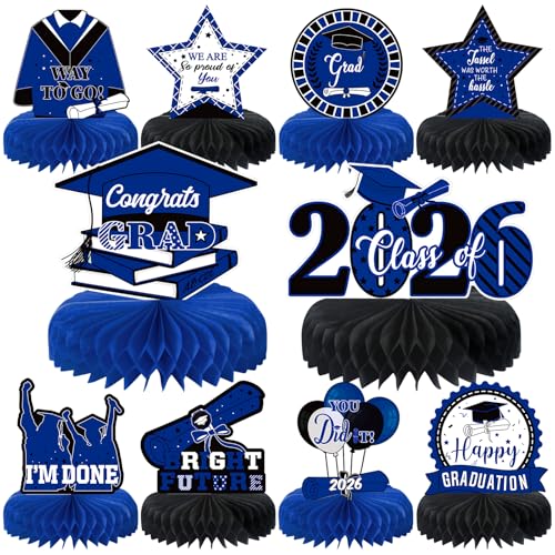 10PCS Graduation Party Decorations Class of 2026 Congrats Grad Table Centerpieces Congratulate Graduation Honeycomb Table Toppers for Graduation Party Supplies(Blue Black) - color: Blue Black