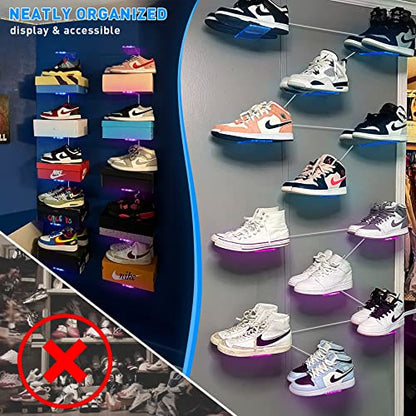OAPRIRE Floating Shoe Display Shelf Set of 6 with Lights, Glow Color Changing Wall Shelf, Sturdy and Easy to Install Levitating Sneaker Shelves, Your Top Shoes for Bedroom, Hallways, etc Clear - size: Non-APP Control of Light