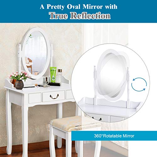 Giantex White Vanity Table Set with Stool, Dressing Table for Girls Women Mirror Makeup Table Desk Room Vanity Dresser, Large Bedroom Vanities w/Drawer