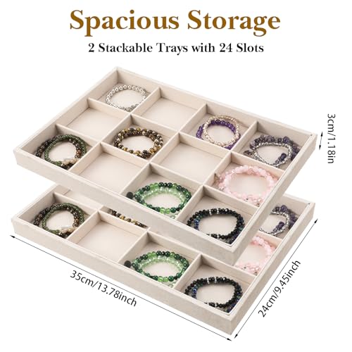 Stackable Jewelry Organizer Trays for Drawers, 2Pcs 12 Grid Velvet Jewelry Display Tray, Soft Light Jewelrys Display Case for Selling Necklace Earring Ring Watch, Beige, 13.8x9.5x1.2inch