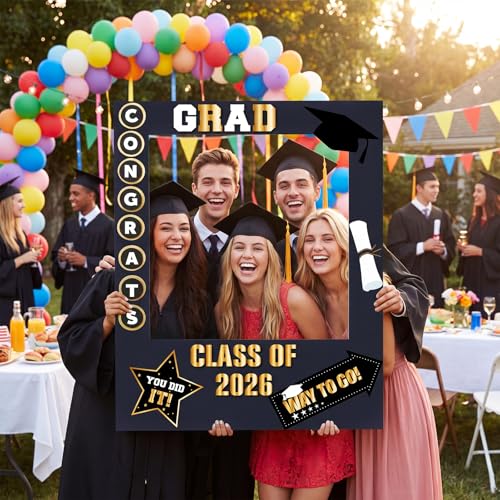 RattanView 2026 Graduation Photo Booth Props Frame Class of 2026 Congrats Grad Selfie Picture Frame, Cardboard Large Photo Booth Prop for High School & College Graduation Party Decorations - style: Grad