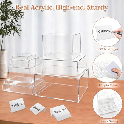 SUNEZLGO 8PCS Buffet Risers, Acrylic Large Food Risers with Mini Signs, Buffet Table Acrylic Cube Display Stands Clear Box Risers for Party Catering Dessert Jewelry Nesting Risers with Hollow Bottom - color: Clear