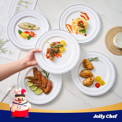 JOLLY CHEF 100 Pieces Silver Plastic Plates, 10 Inch Disposable Plates White Plate with Silver Rim, Heavy Duty Plastic Plates for Christmas, Birthdays and Weddings - style: Silver-100
