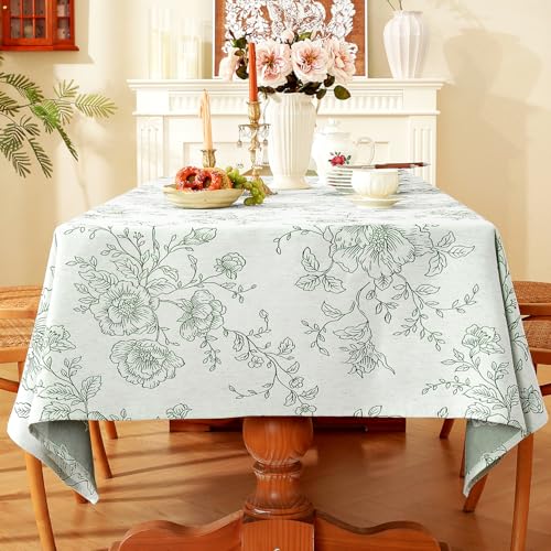 Chassic Premium Vintage Farmhouse Damask Floral 60 x 60 inch Square Table Cloth – Water Resistant Linen Textured Jacquard Tablecloth for Kitchen Dining & Picnic Decor - Green - color: Green Flower, size: 60" x 60" (Square)