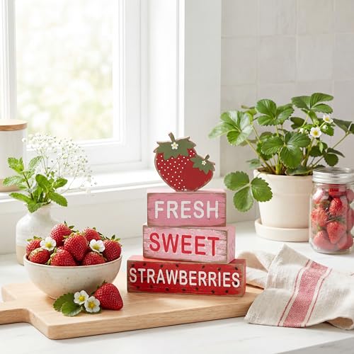 GlikCeil 4 Pcs Strawberry Table Decoration Summer Wooden Tiered Tray Decor Set Strawberry Wood Block Table Sign Centerpieces Farmhouse Rustic Summer Tabletop Decors for Home Office Desk Shelf Decor - style: Strawberry