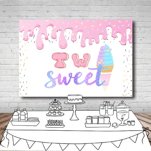 7x5Ft Two Sweet Ice Cream Backdrop Two Sweet 2nd Birthday Background Sweet Summer Girls Birthday Baby Shower Decorations Banner Photo Booth Props - color: Ice cream Backdrop 2