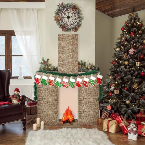 Fullhawl 34 Pcs 3D Christmas Cardboard Fireplace 39 x 59 Inch DIY Christmas Artificial Fireplace with Stocking 3D Fire Flame Prop Pine Garland Fake Fire Place Backdrop for Xmas Decor(Stone Brick) - color: Stone Brick