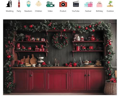 Leowefowa Christmas Backdrop Kitchen Rustic Style Photo Background 12x6ft Fabric Christmas Kitchen Photography Backdrop Xmas Cabinets Photo Backdrops Family Party Decor New Year Banner Props Vinyl - size: 12x6ft
