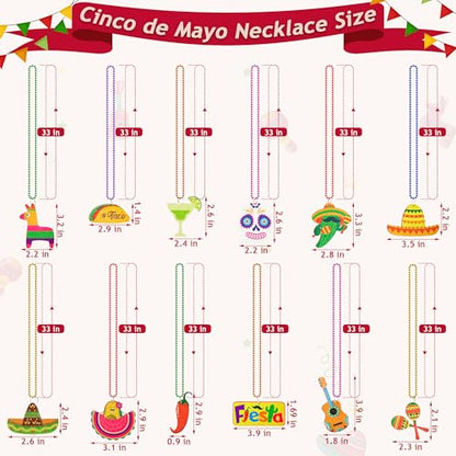 Cinco de Mayo Party Favors, 12PCS Fiesta Necklace Bead Favors, Mexican Metallic 12 Kinds of Cinco de Mayo Necklace Decorations, Fiesta Cactus Maracas Accessories for Mexican Carnival Party Supplies