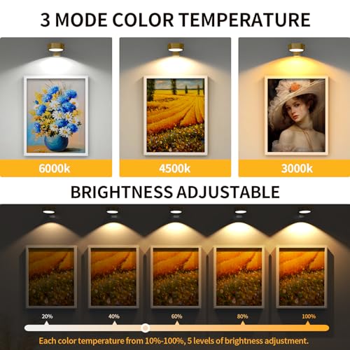 Narotood 6 Pack Picture Lights for Wall, Rechargeable Battery Operated Wall Lights, Picture Frame Lights with 3 Lighting Modes, Wireless Magnetic Painting Light with Remote Control Timer, (Golden) - color: Golden, size: 6 Pack