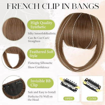 Bangs Hair Clip in Bangs, French Light Chestnut Brown Fake Bangs Hair Clip on Bangs for Women Fringe with Temples Hairpieces Faux Bangs for Daily Wear - color: Light Chestnut Brown