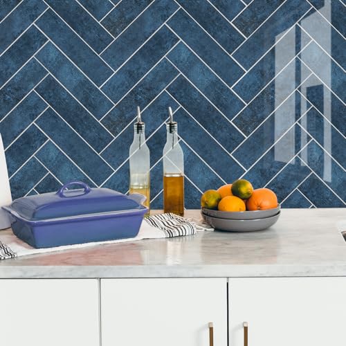 24-Pieces Peel and Stick Tiles for Kitchen Backsplash, New Upgrade Design 12" x 3"SPC Subway Backsplash Tiles, Marble Blue Premium Finger Tiles (Blue). - color: Blue, size: 10 Sheet