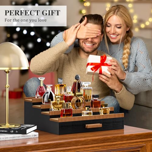 Vdamu Cologne Organizer for Men,4 Tier of Elevated Cologne Display Stand with Drawer Storage,Wood Cologne Display,Perfume Organizer and Storage Display Risers,Great Gift for Men (Black Walnut) - color: BlackWalnut