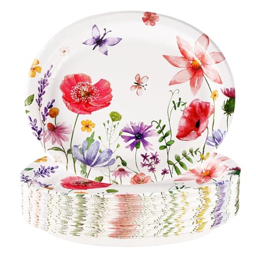 Grencian 50Pcs Floral Oval Paper Plates 10" X 12" Large Disposable Wildflower Plates Heavy Duty Watercolor Flower Platters for Spring Birthday Picnic Wedding Bridal Baby Shower Tea Party Supplies - style: Floral Oval Party Kit