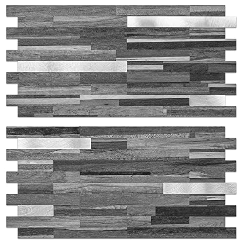 AULIGET Peel and Stick Backsplash, PVC Mixed Metal Stick on Bathroom Backsplash (2, Black & Grey Wood Look) - color: Black Grey Wood + Metal Silver, size: 2 Sheets, 6"x12"x0.12"