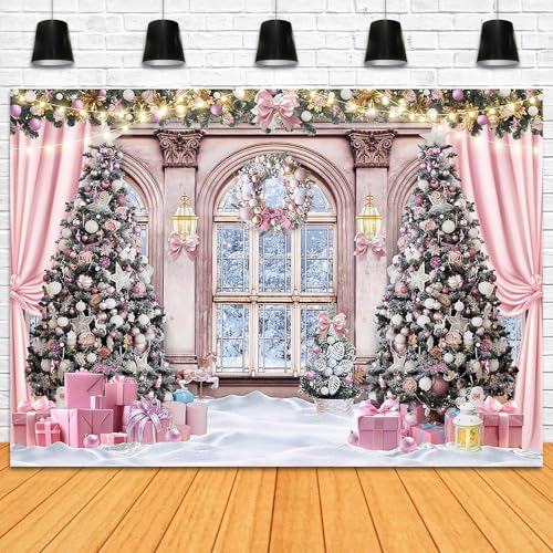 Christmas Backdrop for Photography 10x7ft Christmas Window Snowy Winter Scenery Photography Background Pink Curtain Snowy Forest Outside The Window Family Photo Shoot Booth Props - size: 10x7ft