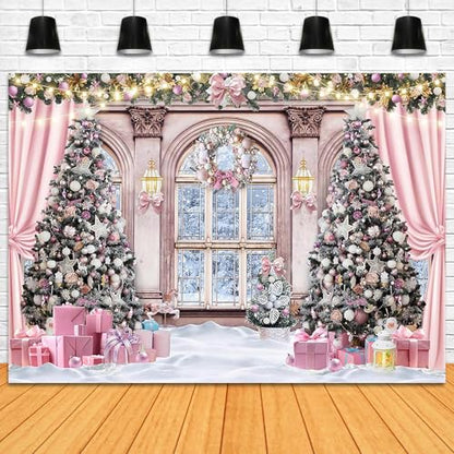 Christmas Backdrop for Photography 8x6ft Christmas Window Snowy Winter Scenery Photography Background Pink Curtain Snowy Forest Outside The Window Family Photo Shoot Booth Props - size: 8x6ft