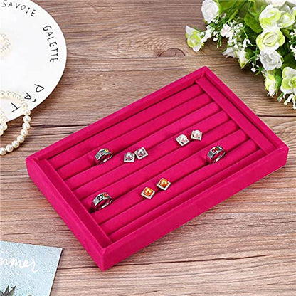 AKOAK 1 Pack Jewelry Display Tray Wooden Flannel Dresser Ring Earring Bracelet Watch Storage Case Portable Display Rack (rose red) - color: rose red