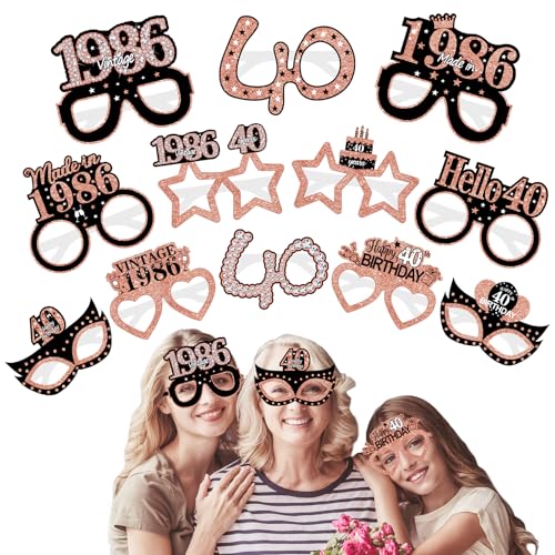 Turypaty 12Pcs 1986 40th Birthday Paper Glasses Decorations for Women - Rose Gold Happy 40th Birthday Paper Eyeglasses Photo Props Gifts, Vintage 1986 40 Years Old Birthday Party Supplies - style: Rose Gold 40th