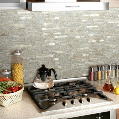 AULIGET 2 Sheets Faux Stone Peel and Stick Backsplash, Sandstone with Champagne Gold PVC Wall Tiles Stick on Backsplash for Kitchen - color: Sandstone + Champagne Gold, size: 2 Sheets, 6"x12"x0.12"