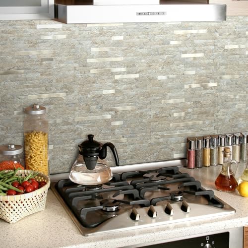 AULIGET 2 Sheets Faux Stone Peel and Stick Backsplash, Sandstone with Champagne Gold PVC Wall Tiles Stick on Backsplash for Kitchen - color: Sandstone + Champagne Gold, size: 2 Sheets, 6"x12"x0.12"