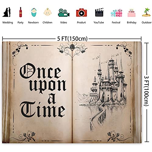 Fairy Tale Books Backdrop Once Upon a Time Backdrops Ancient Castle Princess Romantic Wedding Birthday Party Decorations Magic Book Background Banner Props 5x3FT - size: 5x3 FT