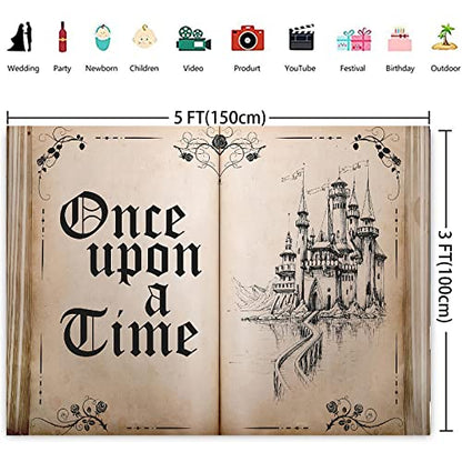 Fairy Tale Books Backdrop Once Upon a Time Backdrops Ancient Castle Princess Romantic Wedding Birthday Party Decorations Magic Book Background Banner Props 5x3FT - size: 5x3 FT