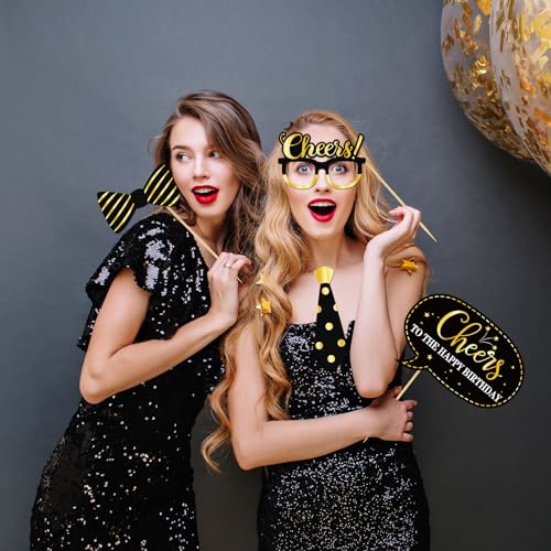 INNORU 100th Birthday Photo Booth Props, Women Men Birthday Photoshoot Funny Birthday Party Photography Props Favor 100 Years Old Centerpiece Sticks Decorations Black & Gold 35 PCS - size: 100
