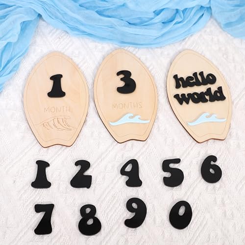 Wooden Surf Baby Monthly Milestone Cards - Beach First Year Monthly Milestone Markers, Ocean Waves Interchangeable Month Milestone Discs, Baby Photo Props