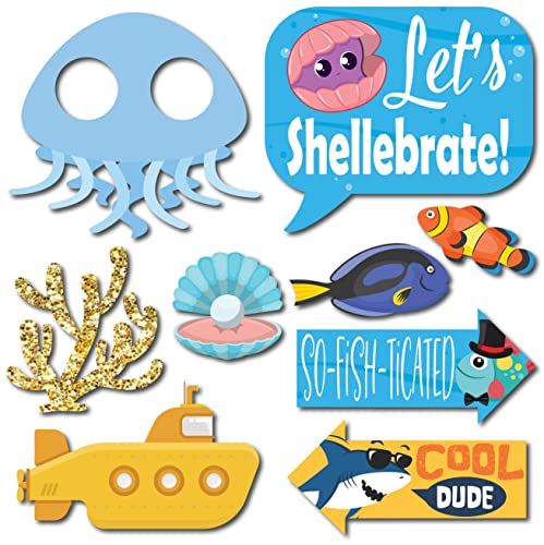 Under The Sea Photo Booth Props - 41-pc Photobooth Kit with 8 x 10-Inch Sign, 60 Adhesive Pads, 45 Sticks - Under The Sea Decorations - Under The Sea Party Decorations